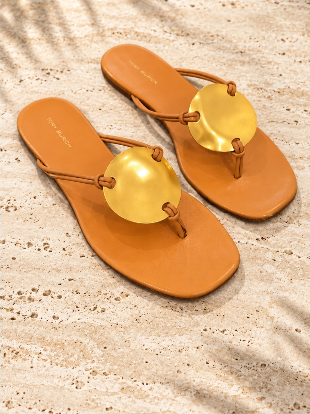 Tory Burch Cognac Leather Sandals with Gold Disc